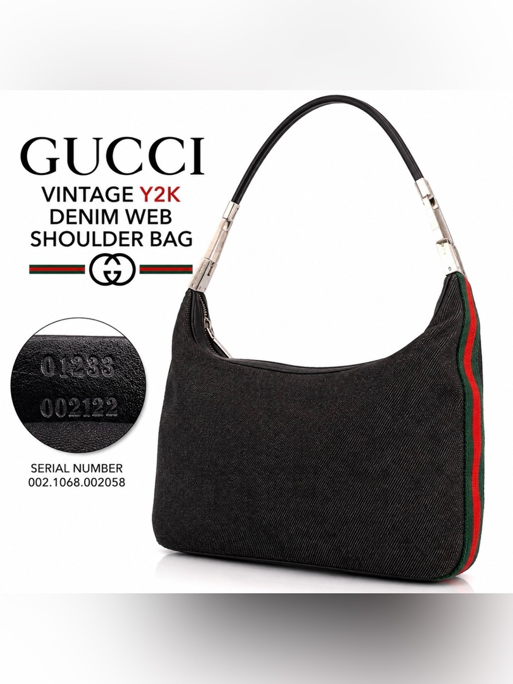 Gucci Vintage Y2K Black Denim Web Stripe Shoulder Hobo Bag Zip Top Silver Hardwa